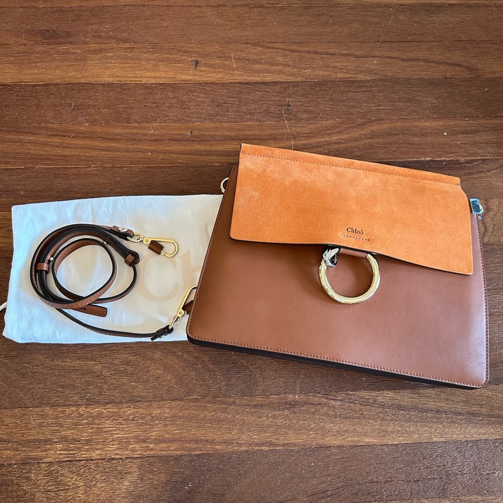 Chloé Faye Brown Leather & Suede Shoulder Bag Ring Chain Crossbody w/ Dust Bag - Picture 5 of 10